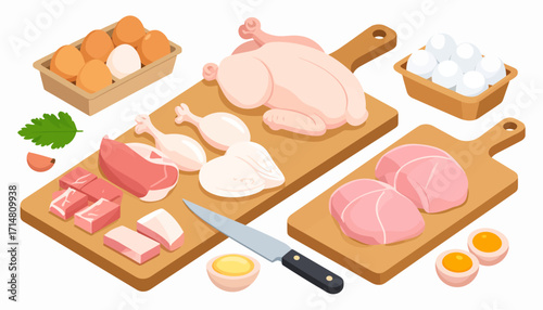Assortment of various types of raw meat and eggs.