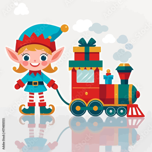 A cheerful cartoon elf in a blue costume pulls a red toy steam train loaded with a Christmas present.