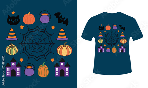 Spooky halloween illustration with pumpkins bats and a haunted house under a full moon