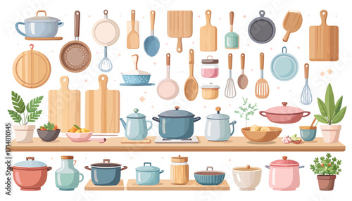 Collection of kitchen utensils and cookware arranged on shelves.
