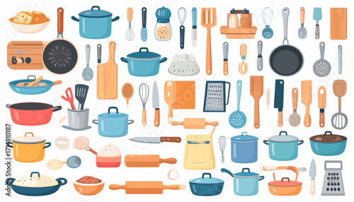 Collection of various kitchen utensils and cookware.