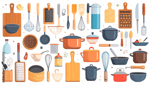 Collection of various kitchen utensils and cookware.