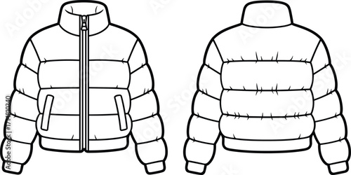 jacket, puffer, quilted, coat, outerwear, winter, warm, insulated, padded, zipper, collar, pocket, fashion, clothing, apparel, garment, vector, design, front, back