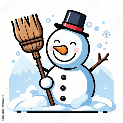 A cheerful cartoon snowman with a top hat and broom smiles happily in a snowy winter landscape.