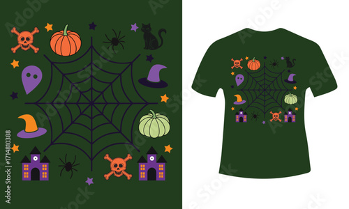 Spooky halloween illustration with classic autumn colors and festive elements