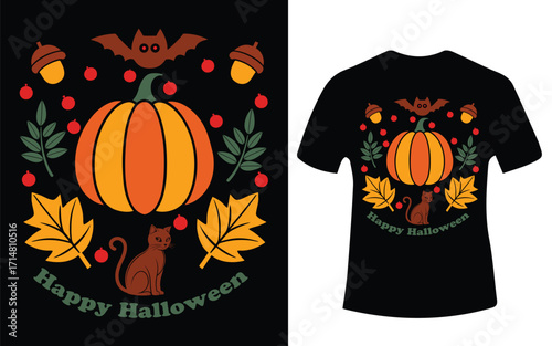 Spooky halloween illustration with classic autumnal colors and playful design elements