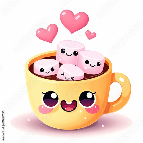 A cute yellow mug of hot chocolate with smiling kawaii marshmallows and floating pink hearts.