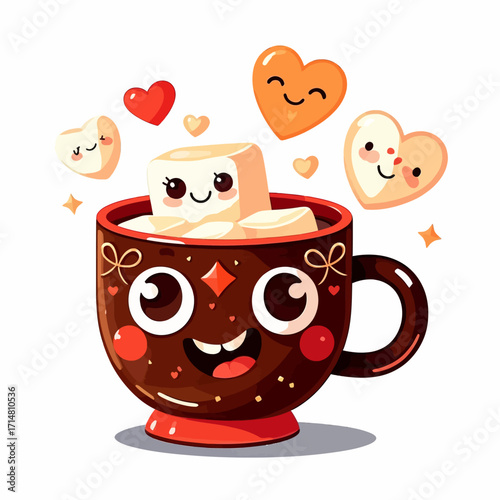 Adorable cartoon mug of hot chocolate with smiling marshmallows and heart-shaped characters floating around, evoking warmth and sweetness.