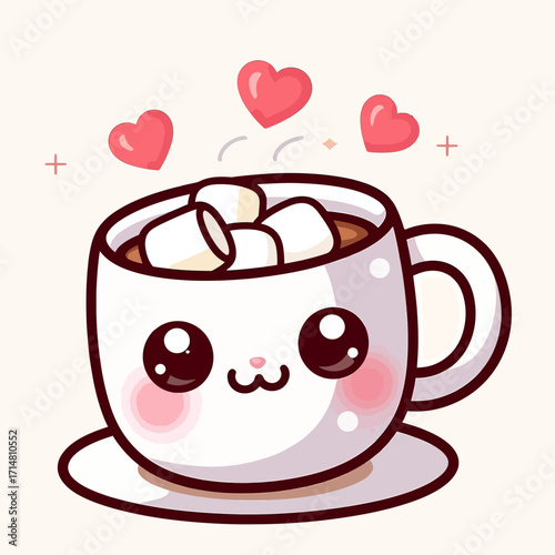 Adorable cartoon illustration of a smiling cup of hot chocolate with marshmallows and floating hearts.