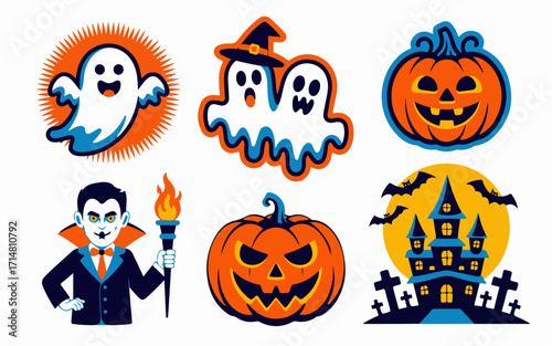 Playful Halloween vector set in 2x3 grid: friendly ghost, witch-hat ghost with hidden pumpkin, vampire with torch, fierce jack-o'-lantern, haunted castle, tombstones, bats, and glowing orange moon.
