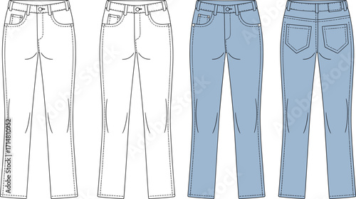 jeans, pants, denim, trousers, fashion, clothing, apparel, garment, pocket, yoke, stitch, seam, casual, stylish, front, back, vector, design, sketch, illustration