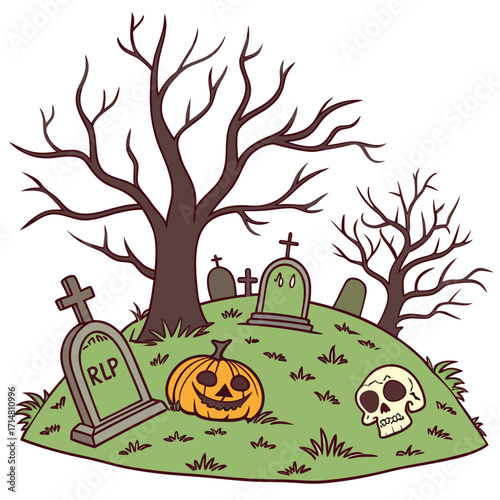 Cute Halloween Graveyard Cartoon with Pumpkin & Skull — Playful Spooky Vector for Kids' Invites