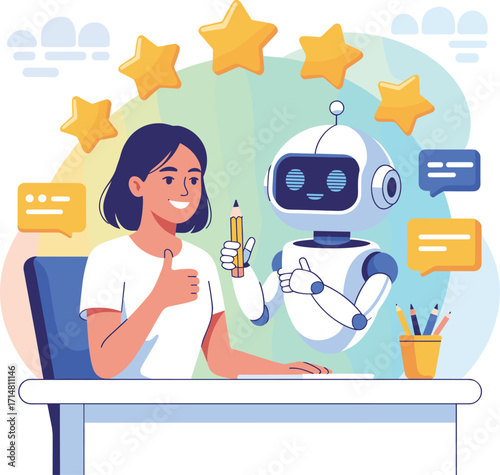 Smiling Woman Giving Thumbs Up to Friendly AI Robot with Five Star Rating and Chat Bubbles Vector Illustration