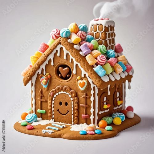 A whimsical gingerbread house decorated with colorful candies and white icing, complete with a smoking chimney, sits on a cookie base.