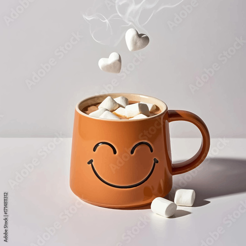 A smiling orange mug filled with hot cocoa and marshmallows, with heart-shaped marshmallows floating above.