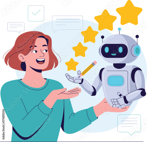 Happy Woman Giving Five Star Rating to Friendly AI Robot Chatbot Vector Illustration