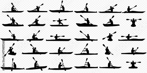 Collection of black silhouettes depicting people actively paddling kayaks and canoes in various dynamic poses.
