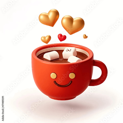 A cheerful red mug filled with hot chocolate, marshmallows, and floating golden hearts.