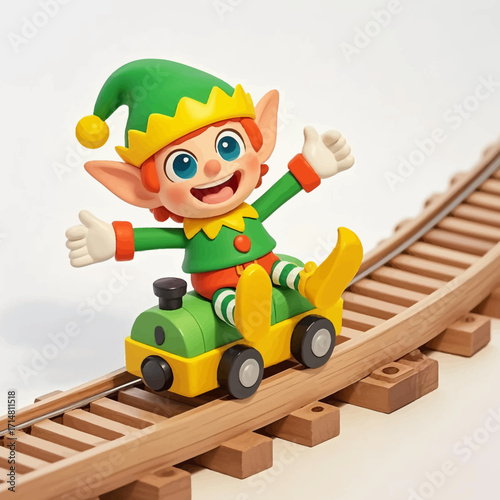 Cheerful Christmas elf joyfully rides a miniature train down wooden tracks.