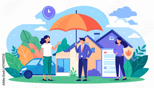 Insurance Protection Concept - Home, Car, and Life Coverage with Agent and Clients.