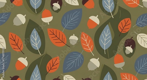 Autumnal Acorn and Leaf Pattern - Olive Green Background, Modern Flat Design.