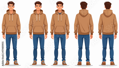 Man in Brown Hoodie and Blue Jeans Posing in Front View.