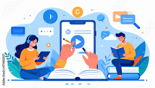 Online Education and Learning Concept with Mobile App and Students.