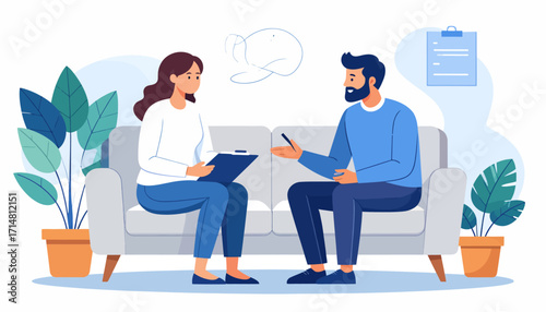Psychologist and patient discussing mental health during therapy session.