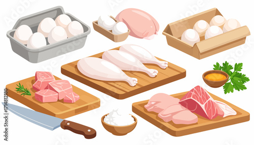 Raw chicken meat and eggs preparation.