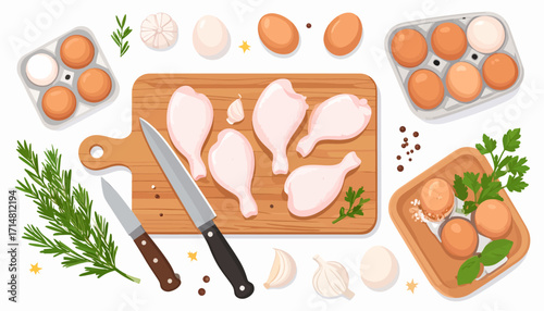 Raw Chicken Drumsticks and Eggs on Cutting Board with Herbs and Spices.