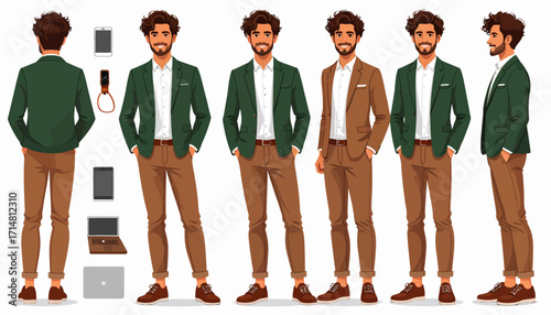 Stylish man in brown and green suits, multiple poses.