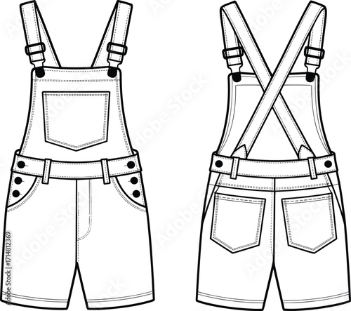 overalls, short, bib, strap, buckle, pocket, belt, loop, waistband, button, casual, summer, fashion, clothing, apparel, garment, vector, design, sketch, illustration