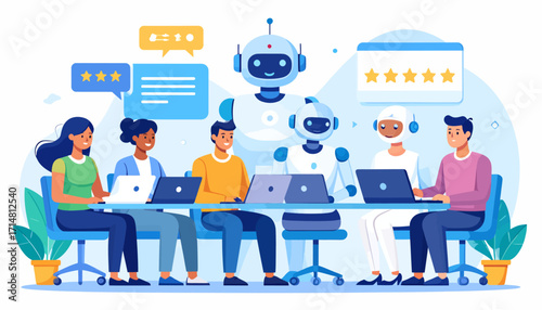 Team of diverse people working with AI and technology.