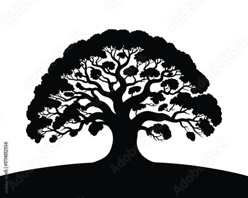 Minimalist oak tree and leaves silhouette vector, isolated on white background, suitable for logos, corporate identity, marketing materials, print media, and nature-themed creative projects.