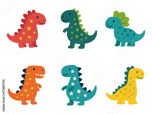 six cute cartoon dinosaurs in different colors and patterns, including red, teal, yellow, orange, and green, each decorated with stars, spots, or spikes.