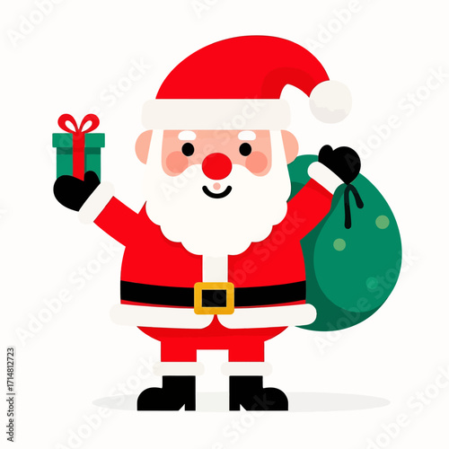 Cheerful Santa Claus figure holding a gift and a sack filled with presents, smiling.