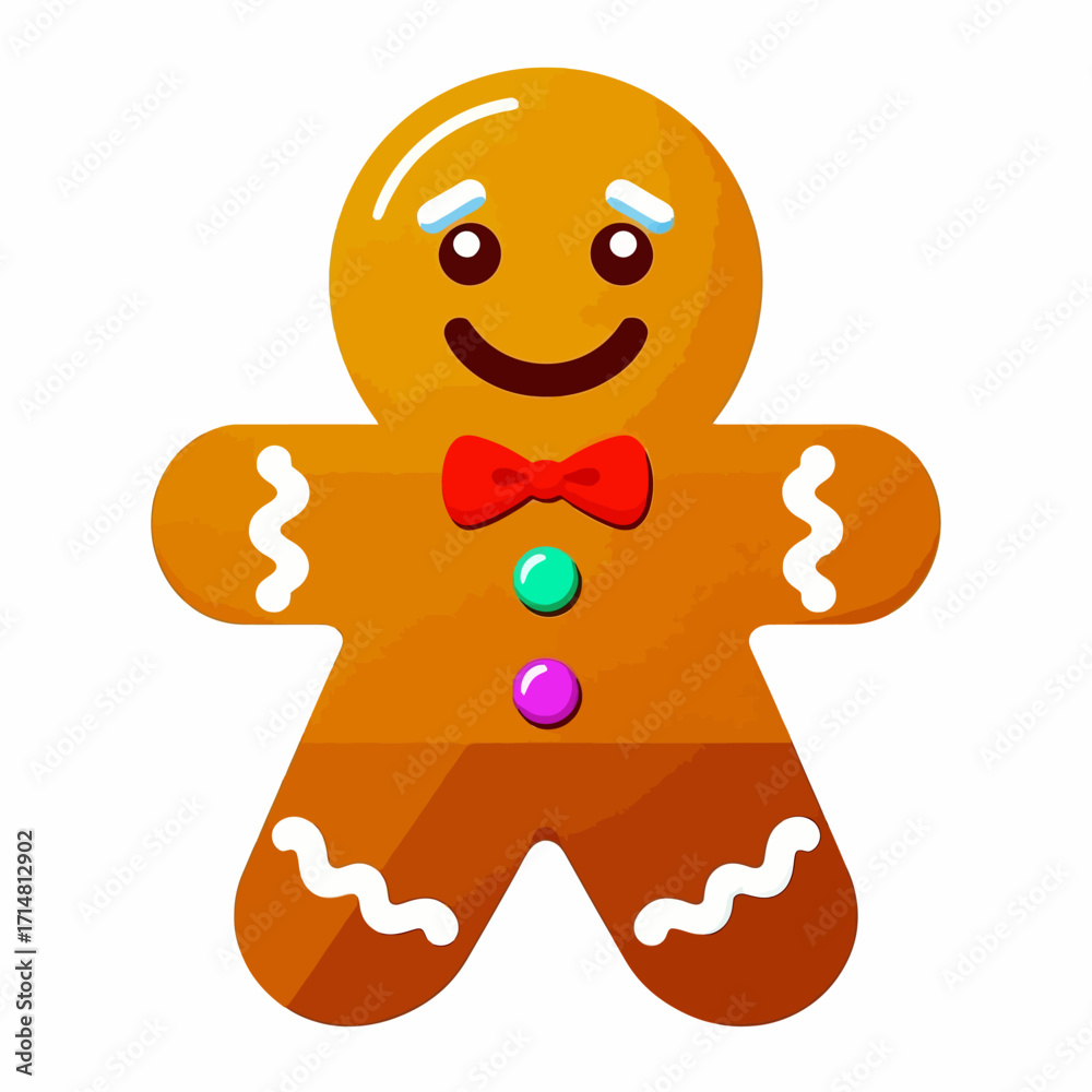Obraz premium Cartoon illustration of a smiling gingerbread man with a red bow tie and colorful candy buttons.