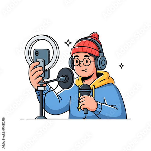Young Content Creator Streaming Live with Ring Light and Microphone