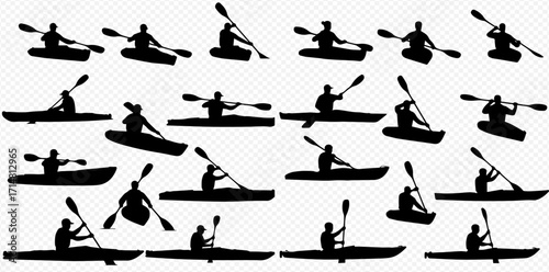A collection of black silhouettes depicting individuals actively paddling kayaks on water, showcasing various dynamic poses.