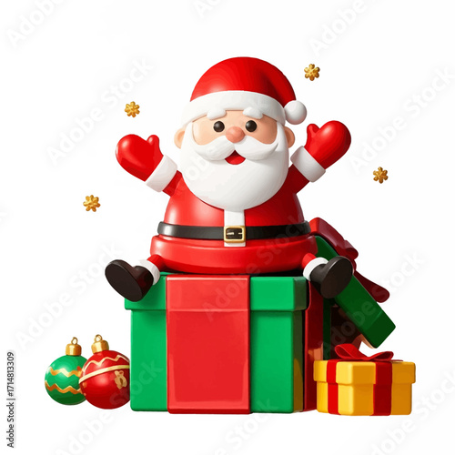 A cheerful 3D Santa Claus character sitting atop a large green gift box, surrounded by presents and ornaments.