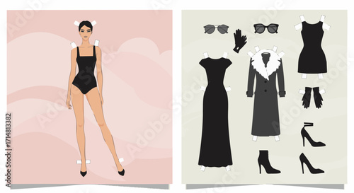 Fashion editorial paper doll with chic outfit set flat vector