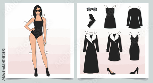 Minimal paper doll with black swimsuit and outfit set flat vector