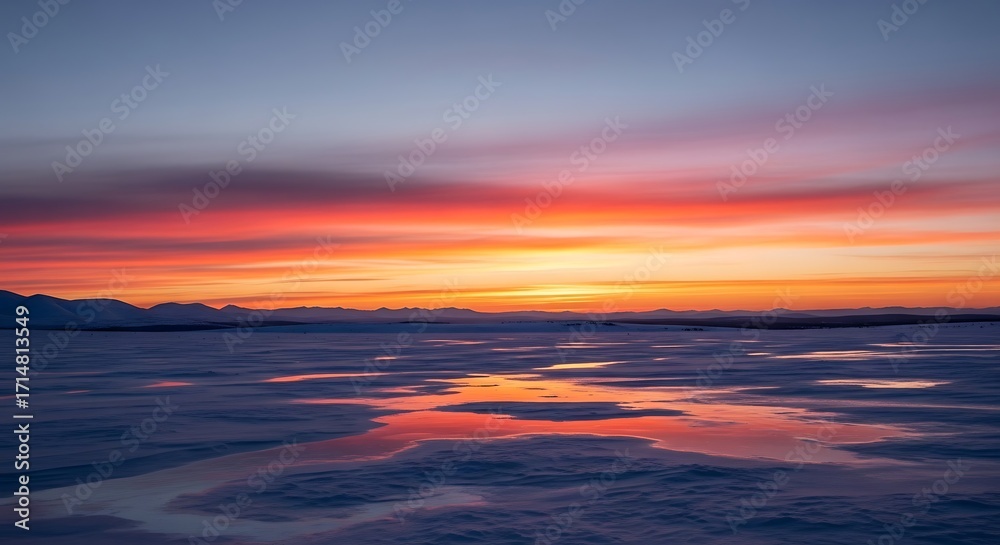 Fototapeta premium Fiery Sunset Over a Frozen Arctic Landscape with Reflecting Waters