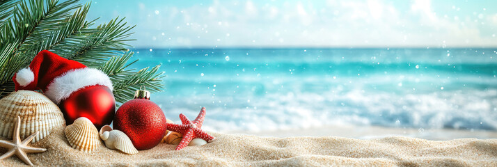 Santa hat, red christmas baubles, seashells and starfishes lying on the beach sand, with turquoise sea in the background creating a festive holiday atmosphere. Copy space, banner