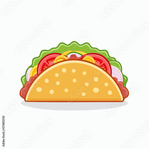 vector illustration of a Mexican taco filled with beef, lettuce, and tomato, 