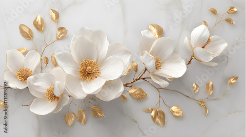 Elegant white flowers with golden leaves on a marble background creating a luxurious ambiance
