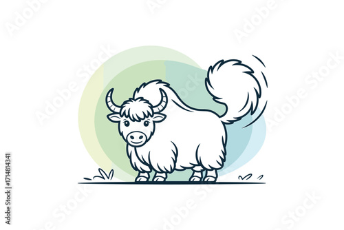 Bold Yak Running in Grassy Field - Striking Black and White Illustration for Wildlife, Nature, and Symbolism Designs with Vector Graphic Appeal.