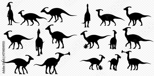 A collection of black Parasaurolophus dinosaur silhouettes in various poses, including adults and juveniles, against a transparent background.