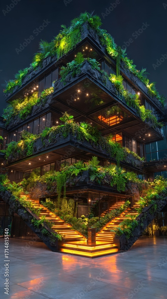Fototapeta premium Architectural Oasis: A modern building harmoniously blends nature and architecture, boasting cascading green foliage on every tier. The building showcases an eco-friendly design with soft lighting.