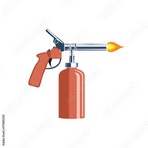A detailed illustration of a blowtorch with a flame, a precision tool